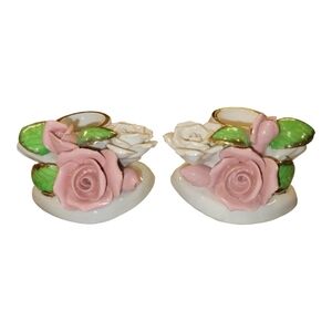 Vintage ACME WARE Candle Holders White & Pink Roses Made in Japan